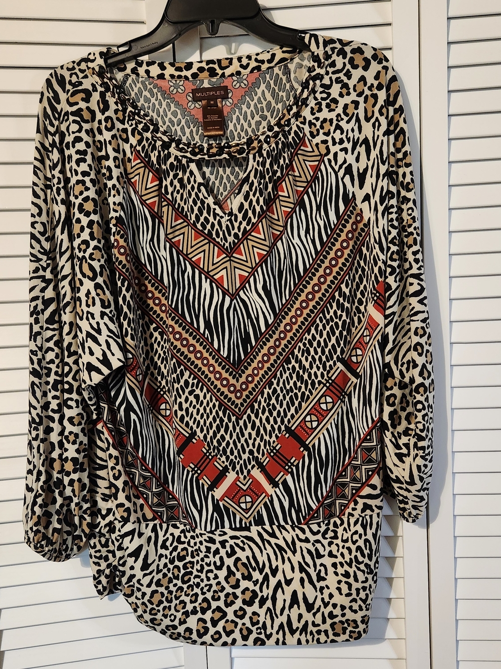 Multiples Beige and Black Animal Print Tunic with Red Geometric Accents